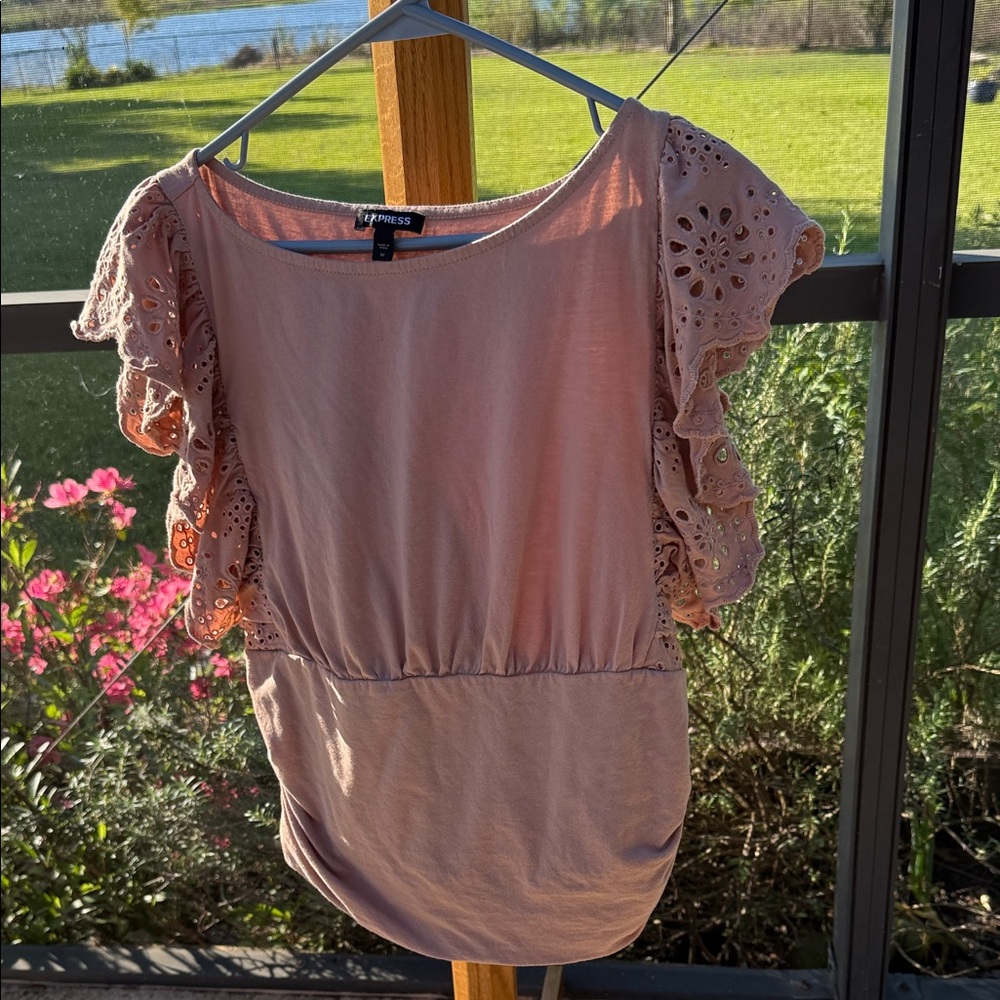 Express Blush Pink Eyelet Ruffle Sleeve Blouse
